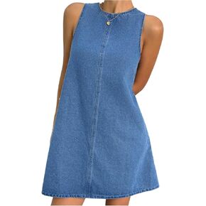 OYOANGLE Girl's Tie Up A Line Denim Dress Cute Crewneck Sleeveless Flared Short Dresses in Kuwait