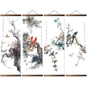 jszip Chinese Traditional Hand-Painted Bird and Flower Wall Art, Black Walnut Wood Scroll Frame, 35.5x12 Inch, 4 Panel Set, Asian Living Room Decor in Saudi Arabia