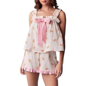 Women Y2K Bear Print 2 Piece Pajamas Set Ruffle Trim Cami Top Elastic Waist Shorts Loose Bowknot Matching Pj Outfits in Kuwait
