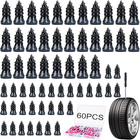 60PCS Tire Repair Rubber Nails, Screw in Tire Repair Nails Kit with a Screwdriver, Tire Repair Screws, Self-Service Tire Plugs Screw Type, Tire Repair First Aid Kit for Car, Motorcycle, Truck in Saudi Arabia
