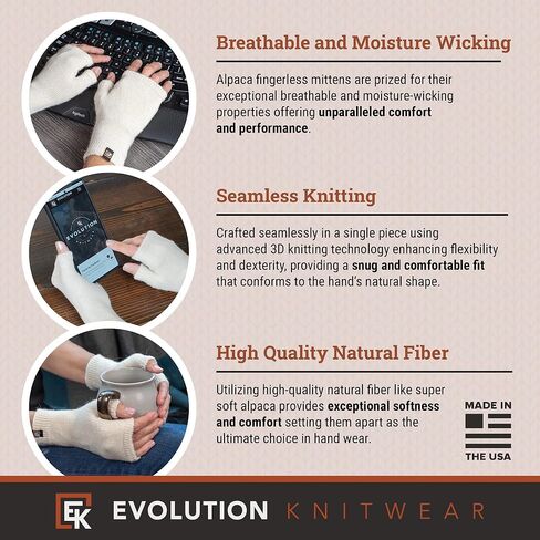 Evolution Knitwear Alpaca Knit Fingerless Mittens - Super Soft Baby Alpaca - Made in the USA - Small in Saudi Arabia