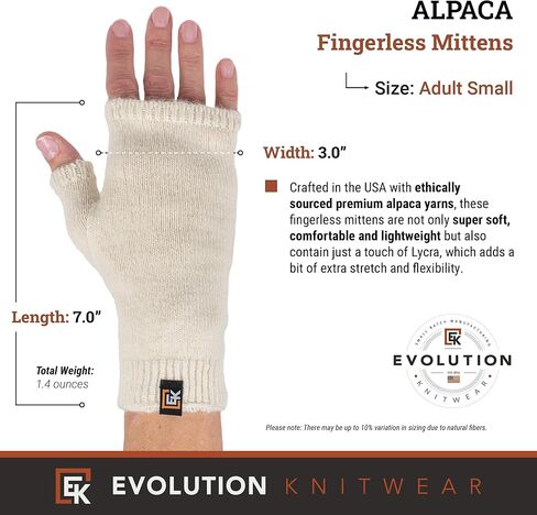 Evolution Knitwear Alpaca Knit Fingerless Mittens - Super Soft Baby Alpaca - Made in the USA - Small in Saudi Arabia