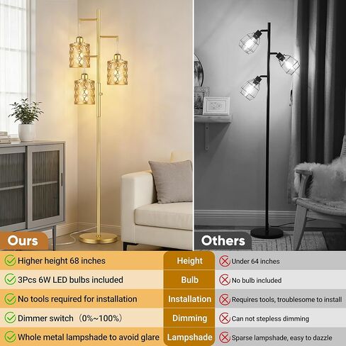 QiMH Gold Industrial Floor Lamps for Living Room, Modern Standing Lamp with Stepless Dimmable, 68" Tall Lamps for Bedroom Home Office, 3 LED Bulbs Included in Kuwait