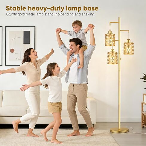 QiMH Gold Industrial Floor Lamps for Living Room, Modern Standing Lamp with Stepless Dimmable, 68" Tall Lamps for Bedroom Home Office, 3 LED Bulbs Included in Kuwait
