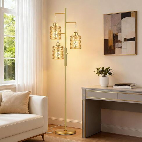 QiMH Gold Industrial Floor Lamps for Living Room, Modern Standing Lamp with Stepless Dimmable, 68" Tall Lamps for Bedroom Home Office, 3 LED Bulbs Included in Kuwait
