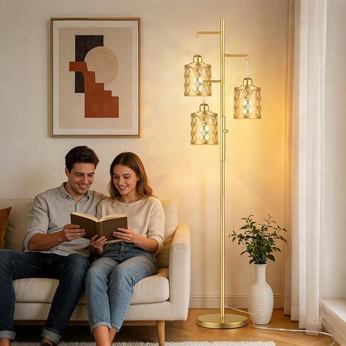 QiMH Gold Industrial Floor Lamps for Living Room, Modern Standing Lamp with Stepless Dimmable, 68" Tall Lamps for Bedroom Home Office, 3 LED Bulbs Included in Kuwait
