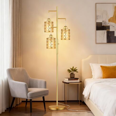 QiMH Gold Industrial Floor Lamps for Living Room, Modern Standing Lamp with Stepless Dimmable, 68" Tall Lamps for Bedroom Home Office, 3 LED Bulbs Included in Kuwait