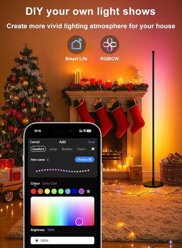 مصباح أرضي للزاوية، مصباح زاوية LED ذكي RGBICW مع تطبيق وجهاز تحكم عن بعد، 16 مليون لون DIY، مزامنة الموسيقى، مصباح أرضي LED حديث لغرف المعيشة وغرف النوم وغرف الألعاب in Kuwait