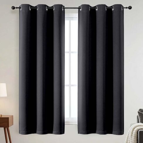 ستائر تعتيم بنسبة 100% - ستائر من القماش الناعم السميك الصلب معزولة حراريًا بحلقات معدنية لمنع الضوء بالكامل لغرفة النوم وغرفة المعيشة وغرفة الطعام، باللون الأسود، لوحتان، 2 × 40 عرض × 63 طول بوصة in Kuwait