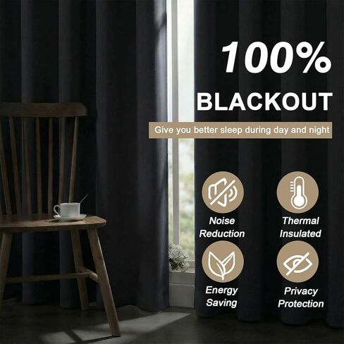 ستائر تعتيم بنسبة 100% - ستائر من القماش الناعم السميك الصلب معزولة حراريًا بحلقات معدنية لمنع الضوء بالكامل لغرفة النوم وغرفة المعيشة وغرفة الطعام، باللون الأسود، لوحتان، 2 × 40 عرض × 63 طول بوصة in Kuwait