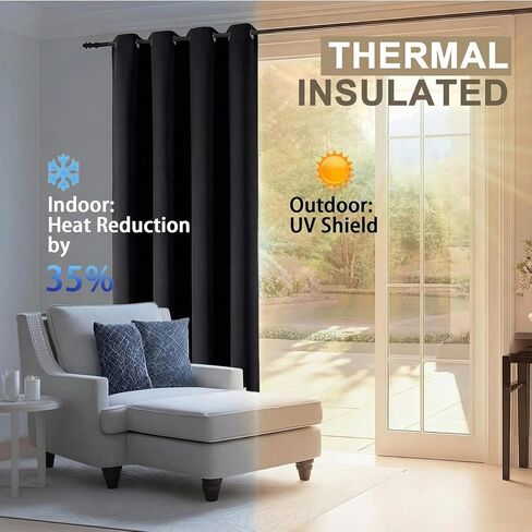 ستائر تعتيم بنسبة 100% - ستائر من القماش الناعم السميك الصلب معزولة حراريًا بحلقات معدنية لمنع الضوء بالكامل لغرفة النوم وغرفة المعيشة وغرفة الطعام، باللون الأسود، لوحتان، 2 × 40 عرض × 63 طول بوصة in Kuwait