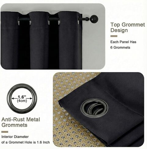 ستائر تعتيم بنسبة 100% - ستائر من القماش الناعم السميك الصلب معزولة حراريًا بحلقات معدنية لمنع الضوء بالكامل لغرفة النوم وغرفة المعيشة وغرفة الطعام، باللون الأسود، لوحتان، 2 × 40 عرض × 63 طول بوصة in Kuwait