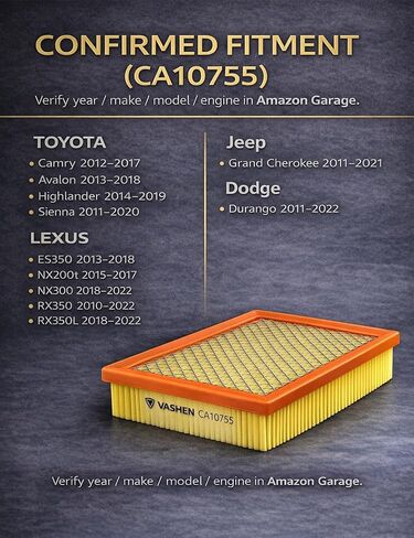 فلتر هواء المحرك CA10755، مناسب للقطع الأصلية المباشرة لسيارة Toyota/Lexus/Jeep/Dodge (Camry، Avalon، Highlander، Sienna، ES350، NX، RX350، Grand Cherokee، Durango) 2010-2022 (ملاءمة مؤكدة) in Kuwait
