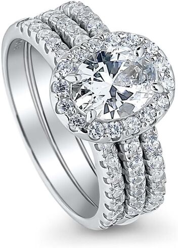 BERRICLE Sterling Silver CZ Halo Wedding Engagement Rings for Women, Oval Cut Cubic Zirconia Ring, 1-3 Piece Set in Saudi Arabia
