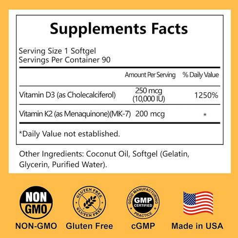 D3 K2 Vitamin 10000 IU Softgels, D3 K2 Supplement with Coconut Oil for Bone, Teeth Health, Support Muscle & Heart Health, 90 Count in Saudi Arabia
