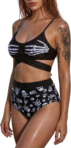 DRESSFO Skull Skeleton Printed Crossover Tankini Swimsuit High Stretch 2 Piece Bathing Suit in Saudi Arabia