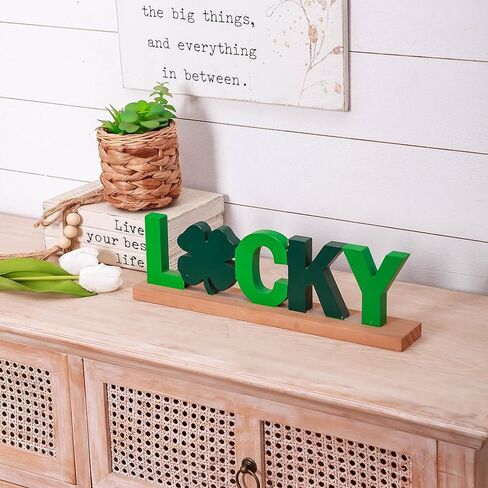 NIKKY HOME St.Patrick's Day Sign Rustic St Patrick's Day Decor Lucky Table Decor with Wooden Base Freestanding Wooden Shamrocks Signs for Home Party Tabletop Centerpiece Mantel Shelf Fireplace in Saudi Arabia