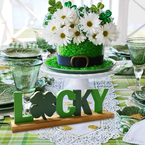 NIKKY HOME St.Patrick's Day Sign Rustic St Patrick's Day Decor Lucky Table Decor with Wooden Base Freestanding Wooden Shamrocks Signs for Home Party Tabletop Centerpiece Mantel Shelf Fireplace in Saudi Arabia