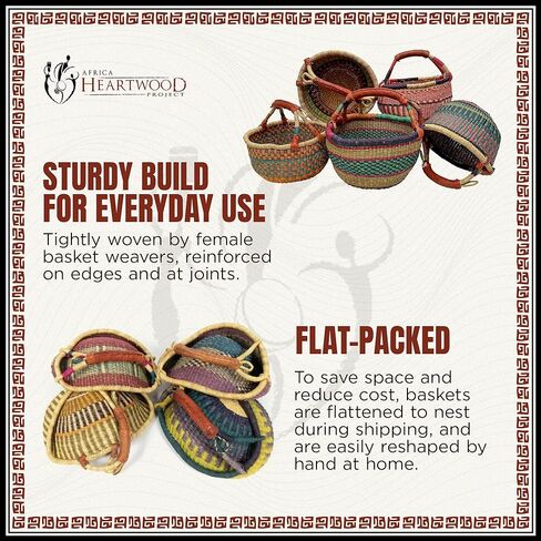 سلة أفريقية مستديرة ملونة فاخرة - مستديرة متوسطة مقاس 14 بوصة - من تصميم نساء السوق في بولجاتانجا، غانا مع مشروع خشب القلب الأفريقي - GBMRC (معبأة بشكل مسطح) in Kuwait