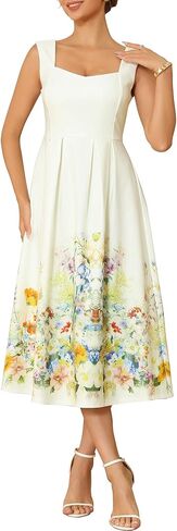 Women's Vintage 50s Dress Cocktail Sleeveless Square Neck Midi Floral A-Line Dresses in Kuwait