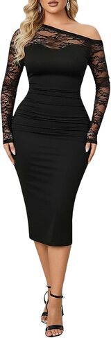 Women's Lace Off The Shoulder Dress Elegant Ruched Long Sleeve Bodycon Midi Evening Party Cocktail Dresses in Saudi Arabia