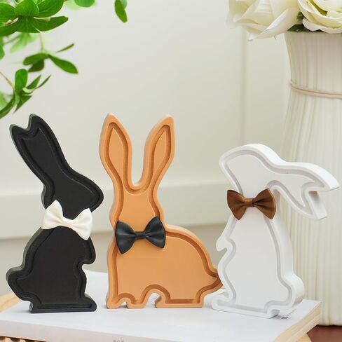 NYUWOUARC Easter Bunny Decorations,3 Pcs Wooden Bunnies Rustic Farmhouse Table Signs Decor,Modern Spring Easter Decor Rabbit for Shelf Mantle Indoor Office Home,Tiered Tray Set in Saudi Arabia