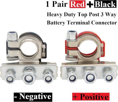YSIL 3 Way Top Post Battery Terminal Connectors 12V Automotive Battery Wire Cable Terminal Clamp Ends Copper Plate with 3 Bolt for Car, Van, Boat, Motorcycle Postive and Negative Red & Black in Saudi Arabia
