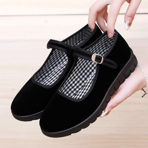 Mary Jane Cloth Shoes Women Ballet Flat Shoes Black Velvet Chinese Ballerinas with Adjustable Tightness in Saudi Arabia