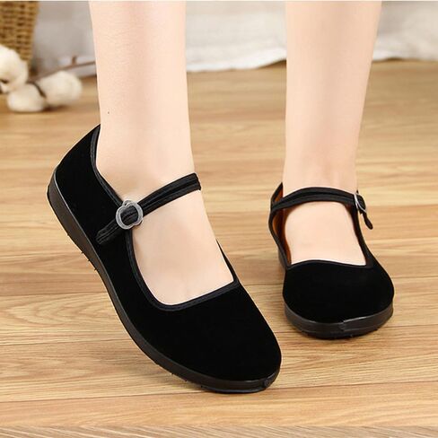 Mary Jane Cloth Shoes Women Ballet Flat Shoes Black Velvet Chinese Ballerinas with Adjustable Tightness in Saudi Arabia
