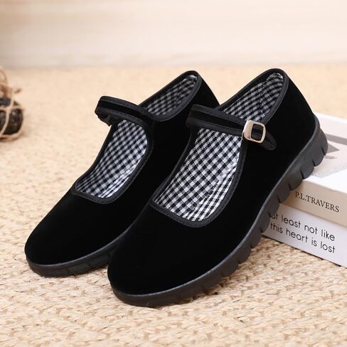 Mary Jane Cloth Shoes Women Ballet Flat Shoes Black Velvet Chinese Ballerinas with Adjustable Tightness in Saudi Arabia