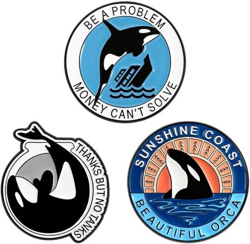 مجموعة دبابيس مينا حوت Orca مكونة من 3 قطع - مجموعة دبابيس مصنوعة من سبائك Orca - "كن مشكلة لا يمكن حلها بالمال"، و"شكرًا ولكن لا تتحدث"، و"Sunshine Coast Beautiful Orca" - حماية الحيوانات، وإنقاذ الحيتان القاتلة in Kuwait