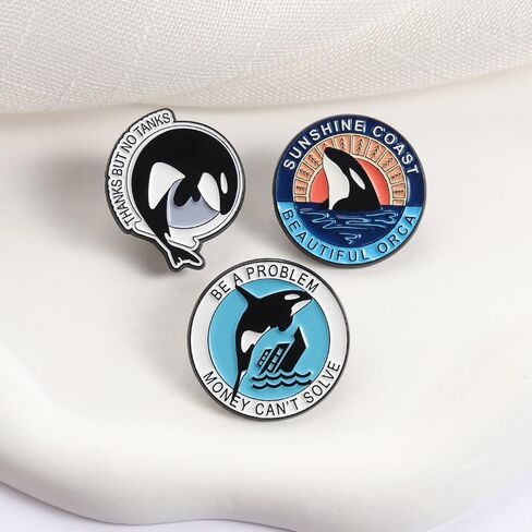 مجموعة دبابيس مينا حوت Orca مكونة من 3 قطع - مجموعة دبابيس مصنوعة من سبائك Orca - "كن مشكلة لا يمكن حلها بالمال"، و"شكرًا ولكن لا تتحدث"، و"Sunshine Coast Beautiful Orca" - حماية الحيوانات، وإنقاذ الحيتان القاتلة in Kuwait