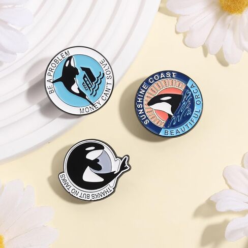 مجموعة دبابيس مينا حوت Orca مكونة من 3 قطع - مجموعة دبابيس مصنوعة من سبائك Orca - "كن مشكلة لا يمكن حلها بالمال"، و"شكرًا ولكن لا تتحدث"، و"Sunshine Coast Beautiful Orca" - حماية الحيوانات، وإنقاذ الحيتان القاتلة in Kuwait