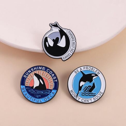 مجموعة دبابيس مينا حوت Orca مكونة من 3 قطع - مجموعة دبابيس مصنوعة من سبائك Orca - "كن مشكلة لا يمكن حلها بالمال"، و"شكرًا ولكن لا تتحدث"، و"Sunshine Coast Beautiful Orca" - حماية الحيوانات، وإنقاذ الحيتان القاتلة in Kuwait