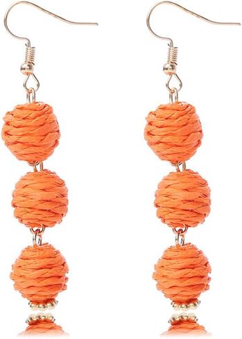 Lightweight Boho Thread Raffia Earrings for Women Handmade Braided Straw Wicker Lantern Ball Earrings Summer Beach Bohemian Geometric Earrings Holiday in Kuwait