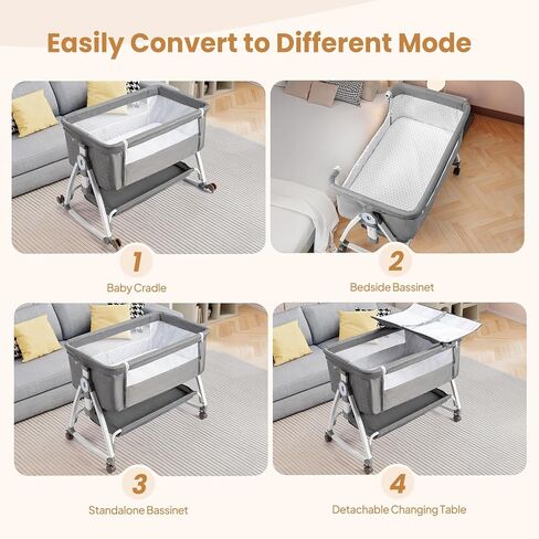 JOYMOR Baby Bassinet with Changing Table, Bedside Bassinet for Baby with Comfy Mattress and Wheels, 6 Height Adjustable Easy Folding Portable Bedside Crib for Newborn (Beige) in Kuwait
