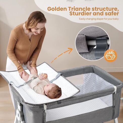 JOYMOR Baby Bassinet with Changing Table, Bedside Bassinet for Baby with Comfy Mattress and Wheels, 6 Height Adjustable Easy Folding Portable Bedside Crib for Newborn (Beige) in Kuwait