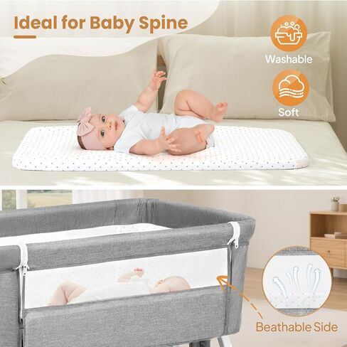 JOYMOR Baby Bassinet with Changing Table, Bedside Bassinet for Baby with Comfy Mattress and Wheels, 6 Height Adjustable Easy Folding Portable Bedside Crib for Newborn (Beige) in Kuwait
