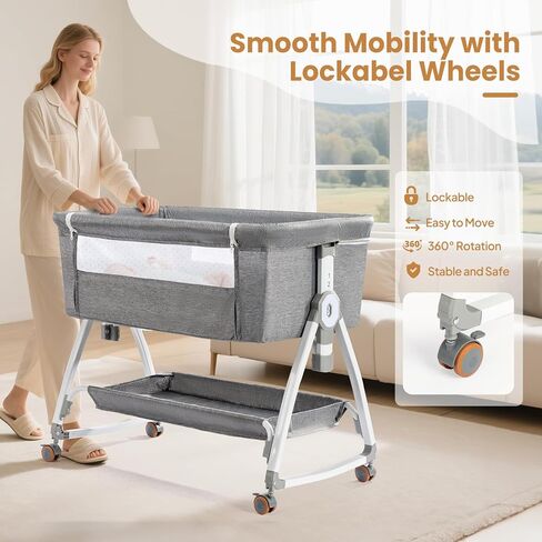 JOYMOR Baby Bassinet with Changing Table, Bedside Bassinet for Baby with Comfy Mattress and Wheels, 6 Height Adjustable Easy Folding Portable Bedside Crib for Newborn (Beige) in Kuwait