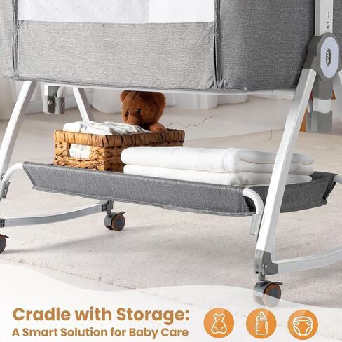 JOYMOR Baby Bassinet with Changing Table, Bedside Bassinet for Baby with Comfy Mattress and Wheels, 6 Height Adjustable Easy Folding Portable Bedside Crib for Newborn (Beige) in Kuwait