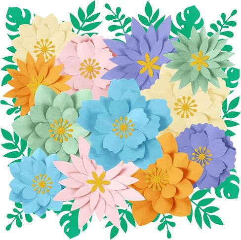 28 Pcs Paper Flowers Decorations for Wall Paper Flowers DIY Bulletin Board 3D Handcrafted Floral with Green Leaves Decorations for Baby Shower Carnival Wedding Party Backdrop(Rainbow Colors) in Saudi Arabia