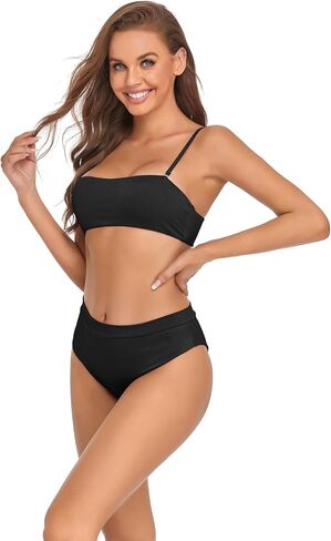Women High Waisted Bikini Set,Cute Athletic Sporty 2 Piece Scoop Neck Bandeau Bra Bathing and High Cut Bikini Bottom-Black in Saudi Arabia