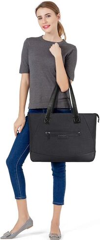MOSISO Laptop Tote Bag for Women (17-17.3 inch), Lightweight PU & Polyester Work Travel Shopping Carrying Shoulder Bags Handbag Tote Bag with Laptop Compartment, Black in Saudi Arabia
