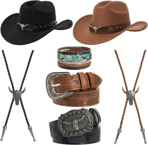 7 Pcs Western Cowboy Hat Couples Set Wide Brim Cowgirl Hats Cow Skull Necklaces Bohemian Bracelets Tie Western Leather Belt for Men Women Black and Brown in Saudi Arabia