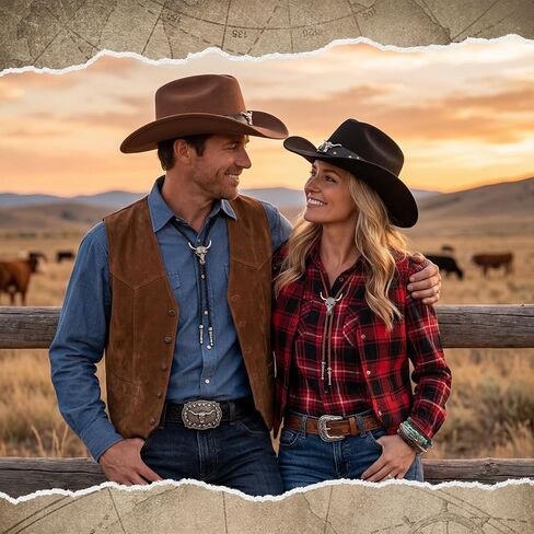 7 Pcs Western Cowboy Hat Couples Set Wide Brim Cowgirl Hats Cow Skull Necklaces Bohemian Bracelets Tie Western Leather Belt for Men Women Black and Brown in Saudi Arabia