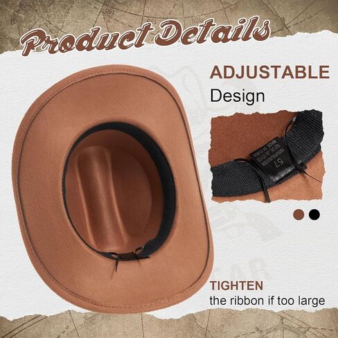 7 Pcs Western Cowboy Hat Couples Set Wide Brim Cowgirl Hats Cow Skull Necklaces Bohemian Bracelets Tie Western Leather Belt for Men Women Black and Brown in Saudi Arabia
