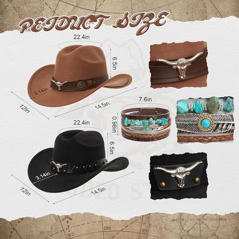 7 Pcs Western Cowboy Hat Couples Set Wide Brim Cowgirl Hats Cow Skull Necklaces Bohemian Bracelets Tie Western Leather Belt for Men Women Black and Brown in Saudi Arabia