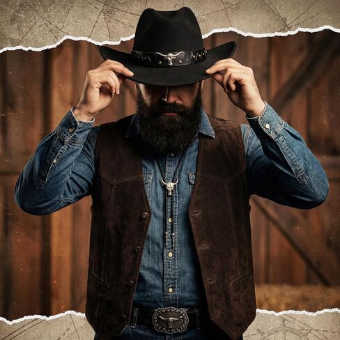 7 Pcs Western Cowboy Hat Couples Set Wide Brim Cowgirl Hats Cow Skull Necklaces Bohemian Bracelets Tie Western Leather Belt for Men Women Black and Brown in Saudi Arabia