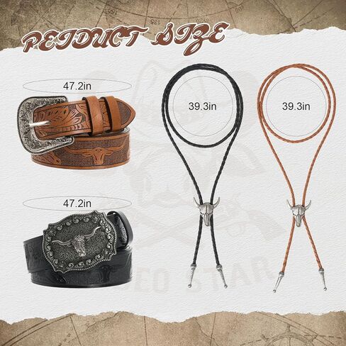 7 Pcs Western Cowboy Hat Couples Set Wide Brim Cowgirl Hats Cow Skull Necklaces Bohemian Bracelets Tie Western Leather Belt for Men Women Black and Brown in Saudi Arabia