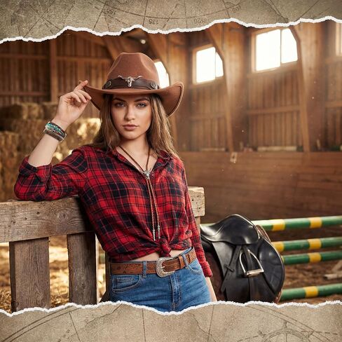 7 Pcs Western Cowboy Hat Couples Set Wide Brim Cowgirl Hats Cow Skull Necklaces Bohemian Bracelets Tie Western Leather Belt for Men Women Black and Brown in Saudi Arabia